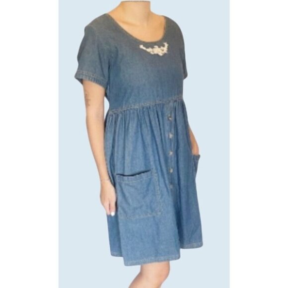 Vintage Cottage / Granny Core Blue Short Sleeve 80s 90s Dress Size M - Picture 2 of 7